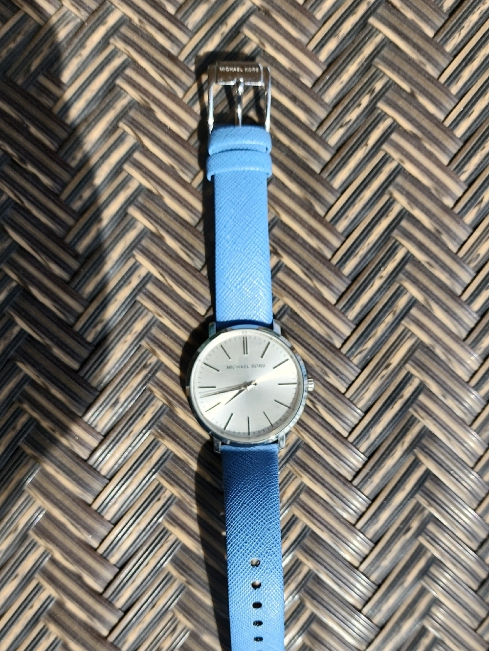 Michael Kors Womens Silver Dial Watch with Light Blue Safiano Leather Strap